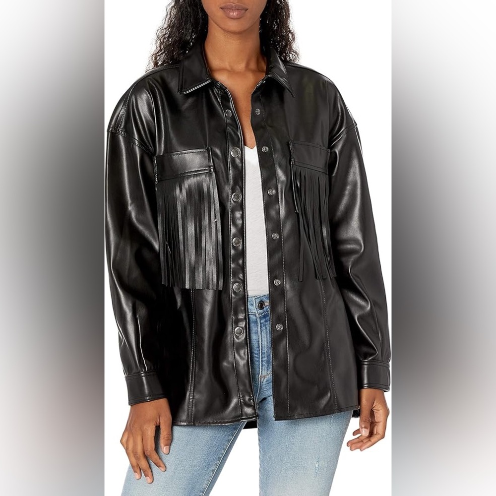 BlankNYC Oversized Vegan Leather Fringe Shirt Shacket Jacket Size Small